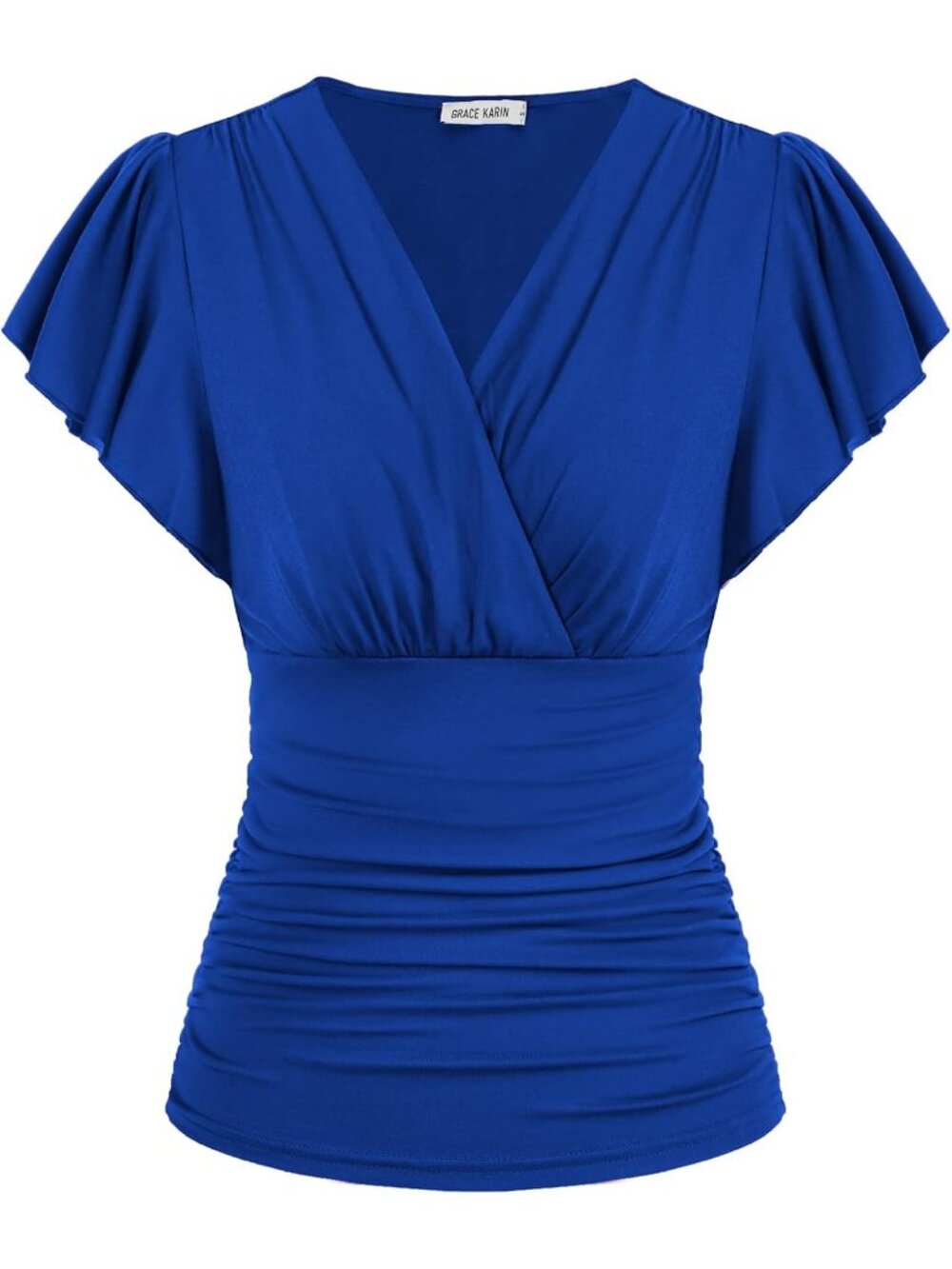 Women's T Shirt Royal Blue V Neck Casual Wrap Blouse Ruffle Sleeve Ruched Soft
